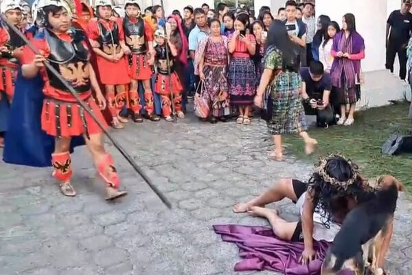 ¡Verdadero acto de amor y compasión! Perrito consuela a “Jesús” durante una dramatización en Sumpango, Sacatepéquez