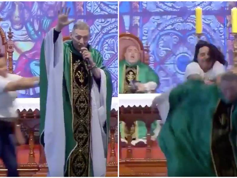 VIDEO. Mujer empuja y tira del escenario a sacerdote en plena misa