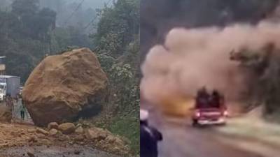 VIDEOS: roca gigante estuvo a punto de aplastar a tripulantes de picop en ruta a Zunil, Quetzaltenango