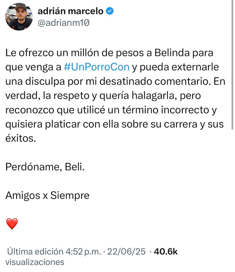 Se disculpa por su anterior tweet y le ofrece dinero a Belinda por aparecer en su programa. (Foto: Redes sociales)