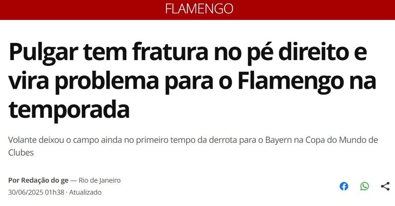 El chileno estará fuera de las canchas al menos dos meses luego de sufrir una lesión en la derrota de Flamengo con Bayern Munich (4-2).