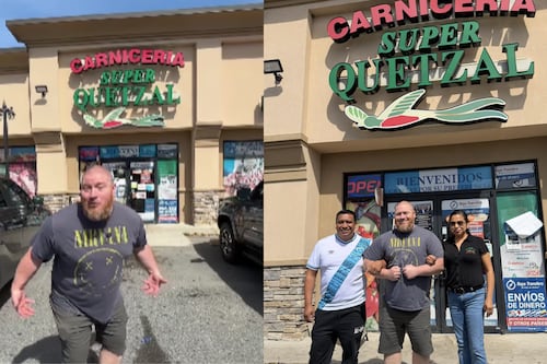 Kerry Mann, influencer estadounidense prueba tortillas con carnita y yuca en una tienda guatemalteca