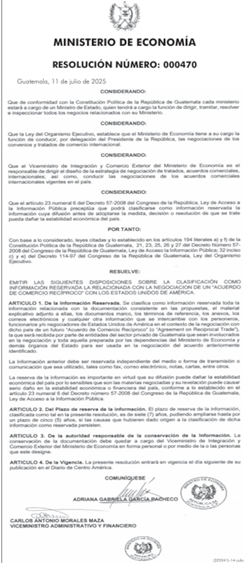 El Ministerio de Economía publica la confidencialidad en la negociación con Estados Unidos.