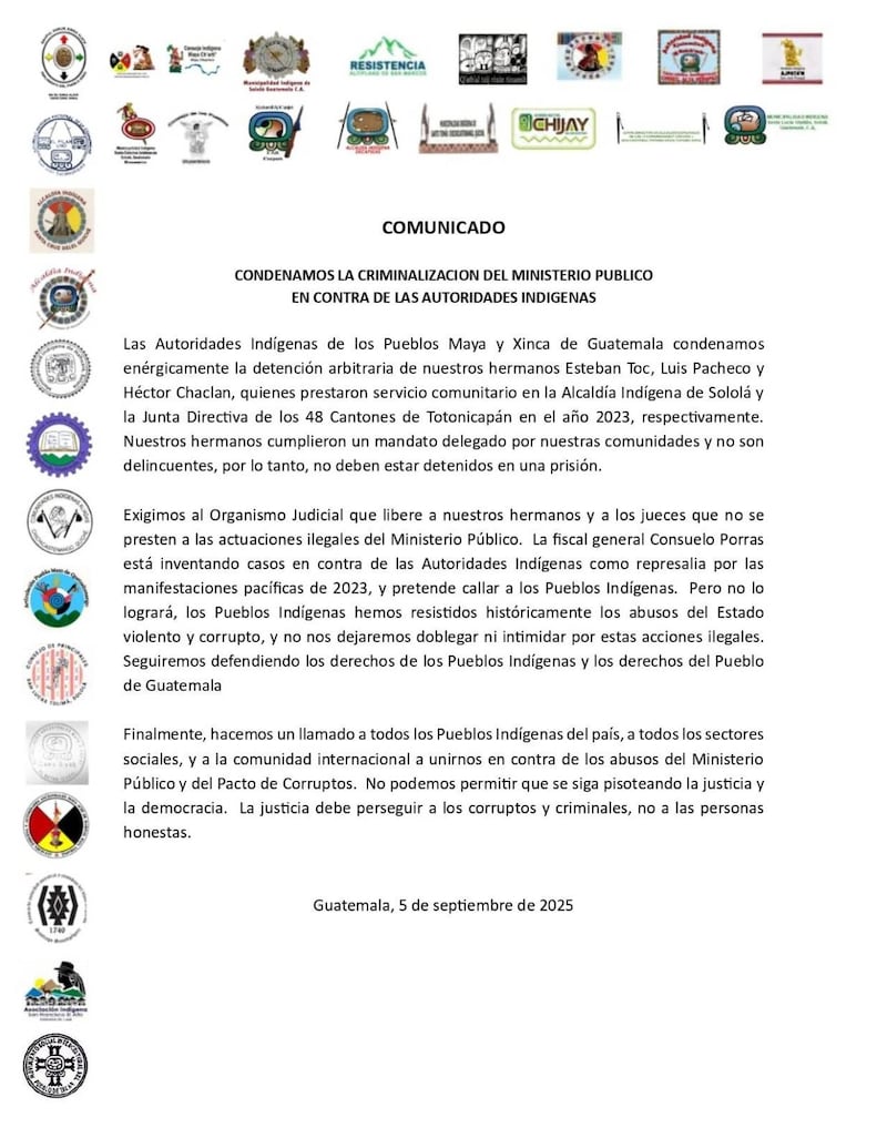 Autoridades indígenas hacen un llamado a la unidad en contra de los abusos del MP. Foto: RRSS