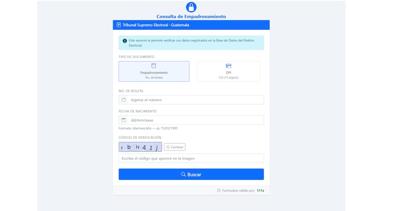 Portal para verificar empadronamiento y afiliación a un partido político.