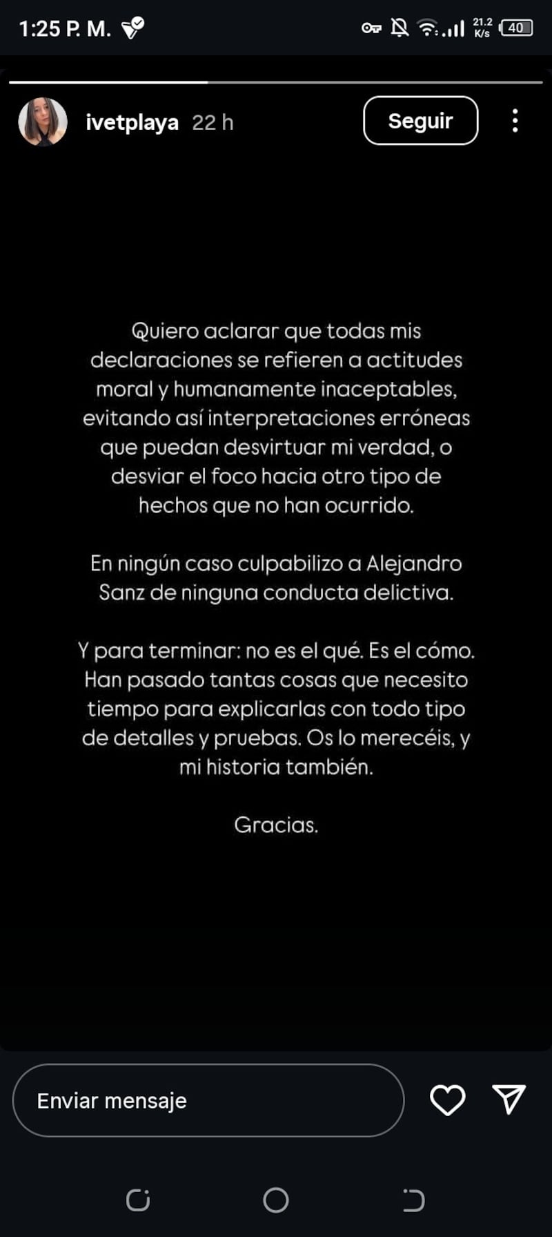 La fan de Sanz aclara la razón por la que lo denuncia para evitar malos entendidos. (Foto: Instagram del usuario: @ivetplaya)