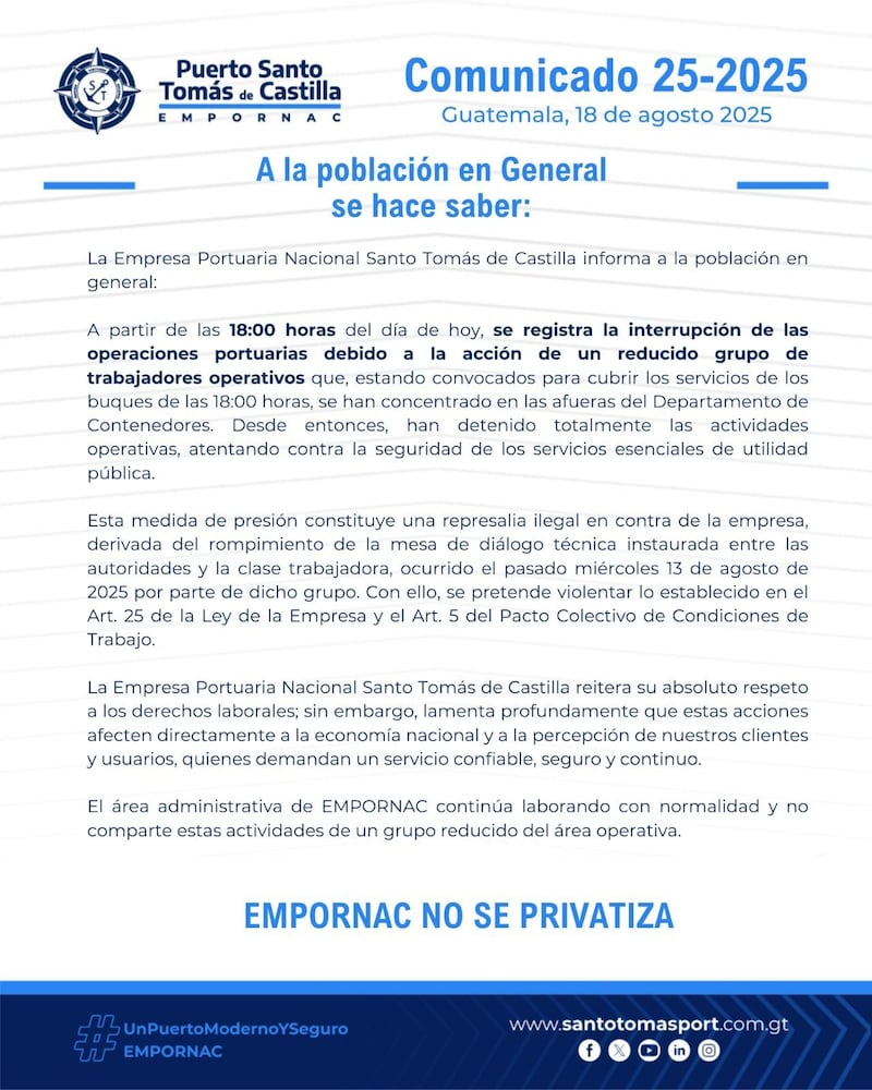 La Portuaria compartió un comunicado de la situación. Foto: RRSS