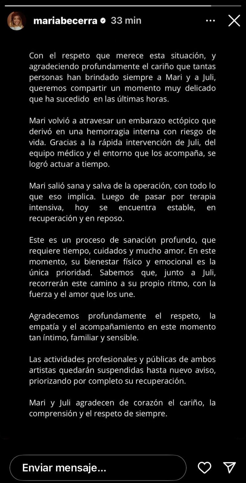Comunicado por estado de salud de María Becerra