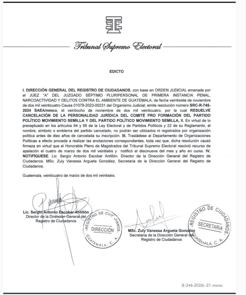 TSE publica cancelación del partido Movimiento Semilla