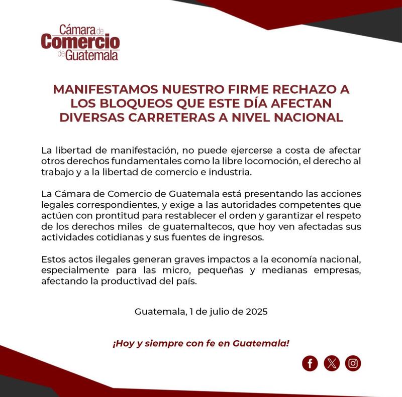 Postura de la Cámara de Comercio de Guatemala en relación a Los bloqueos que este día afecta diversas carreteras a nivel nacional. Foto: Cámara de Comercio