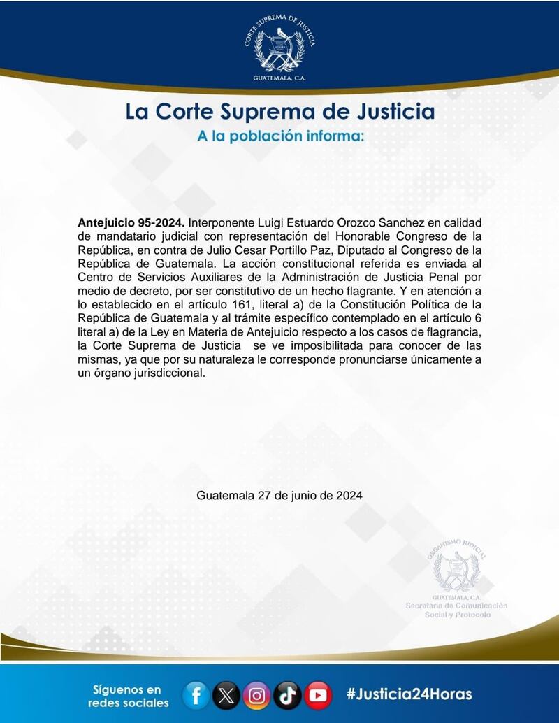 Corte Suprema de Justicia refirió el expediente al Centro de Servicios Auxiliares de la Administración de Justicia Penal.