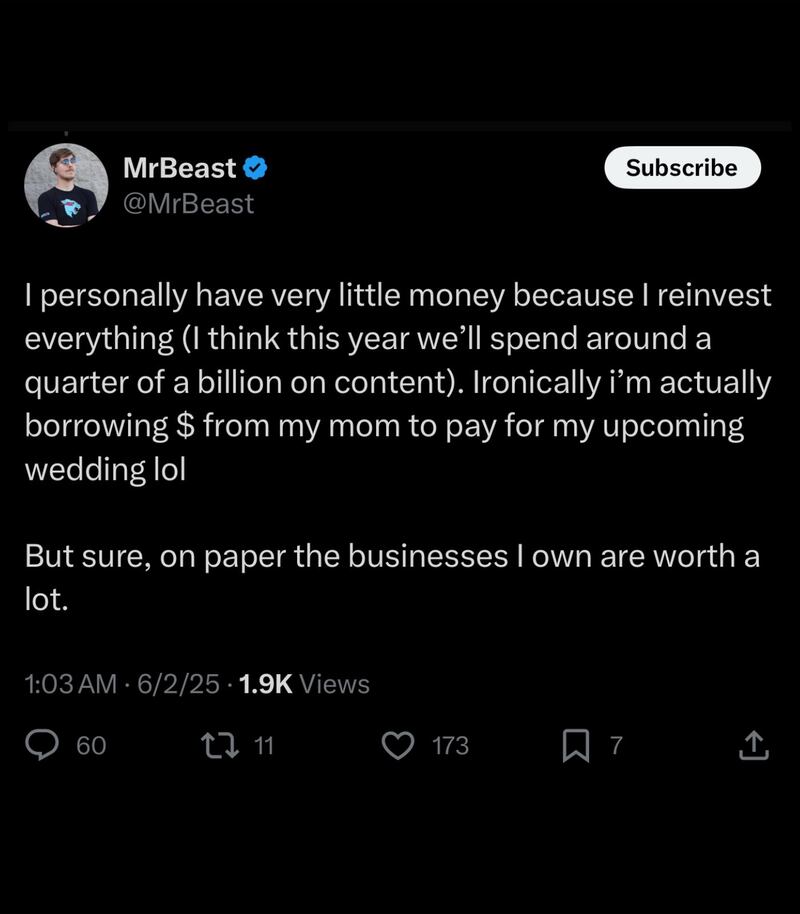 ¿Sin dinero? MrBeast revela su situación económica para costear su boda