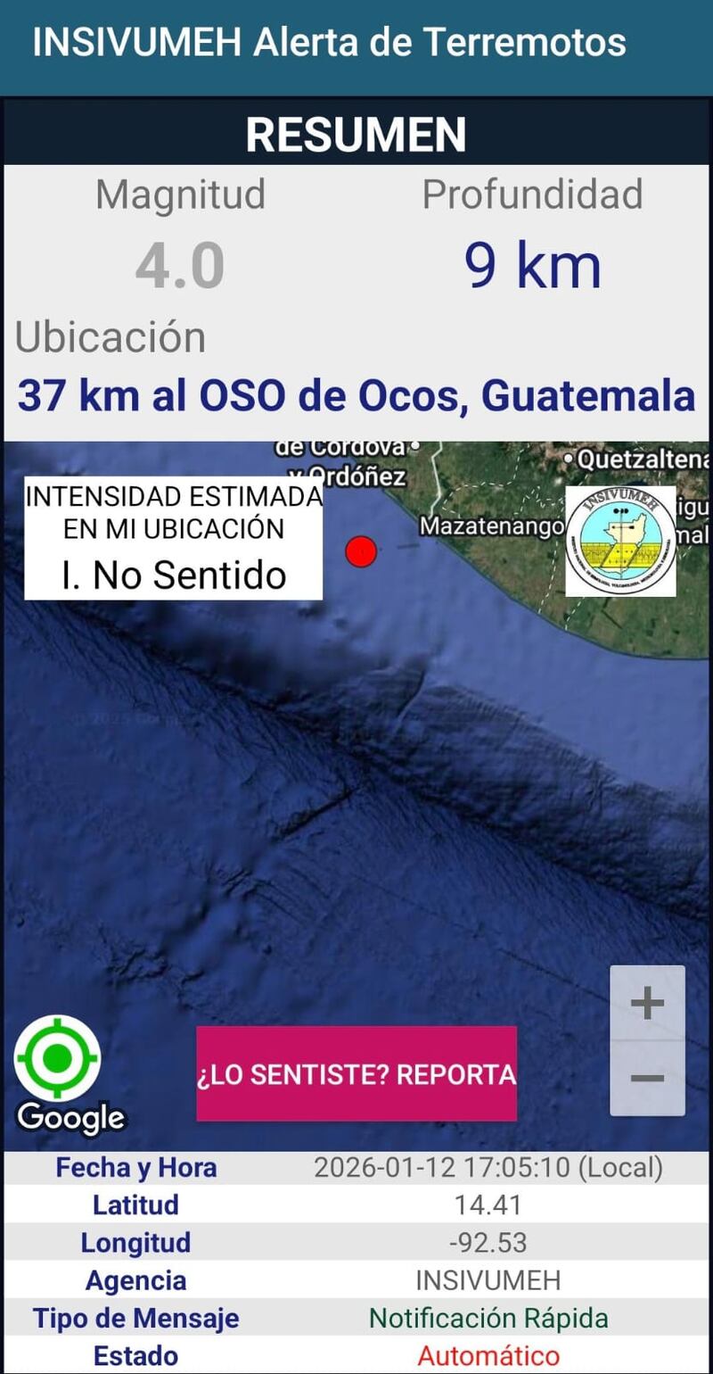 Sismo sensible en San Marcos. Foto: INSIVUMEH