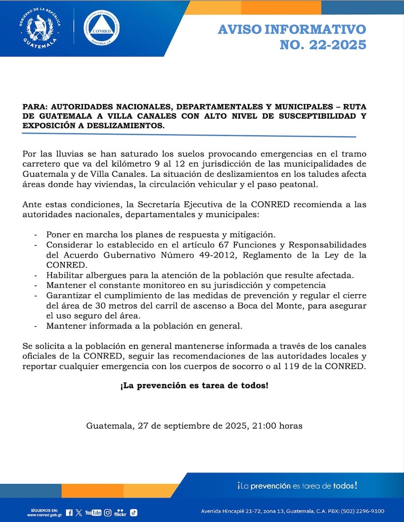 Recomendaciones de la Conred por el derrumbe en la aldea Boca del Monte