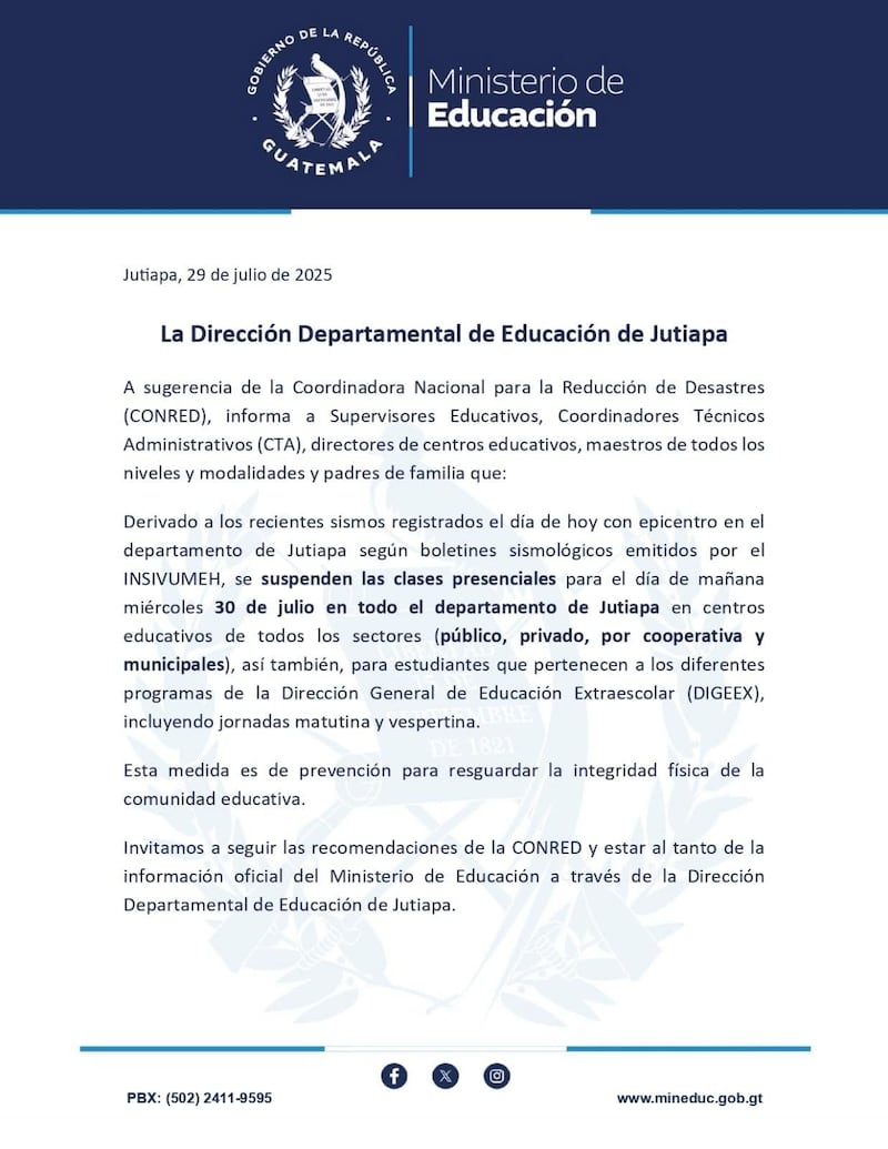 Suspenden clases en Jutiapa tras sismos registrados esta tarde.