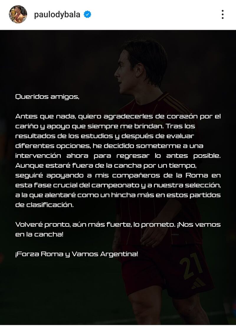 Paulo Dybala tampoco jugará con Argentina en las eliminatorias de camino al Mundial 2026