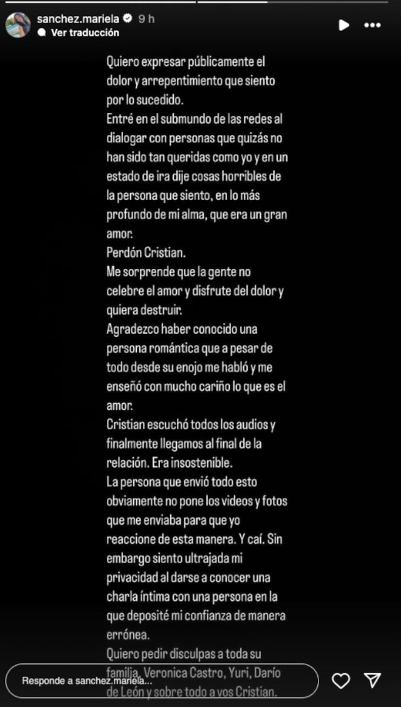 Mariela Sánchez se disculpa tras la filtración de audios.