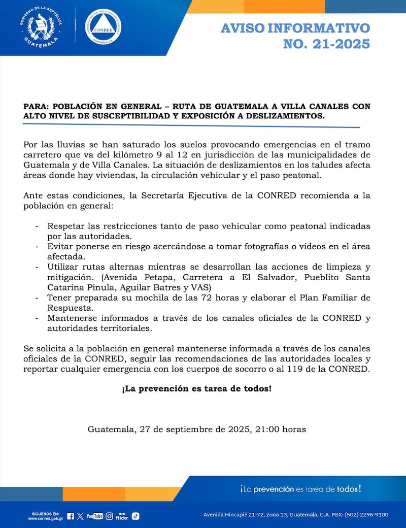 Recomendaciones de la Conred por el derrumbe en la aldea Boca del Monte