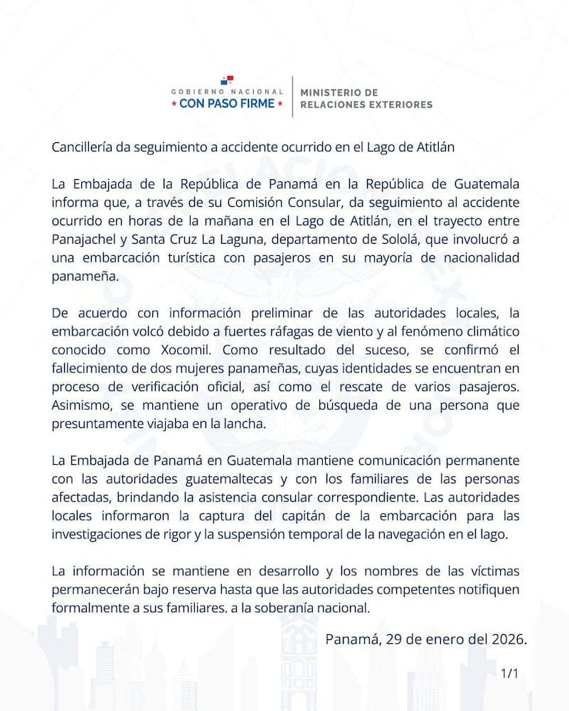 Ministerio de Relaciones Exteriores de Panamá, emite comunicado sobre naufragio de lancha en Lago de Atitlán, Sololá.