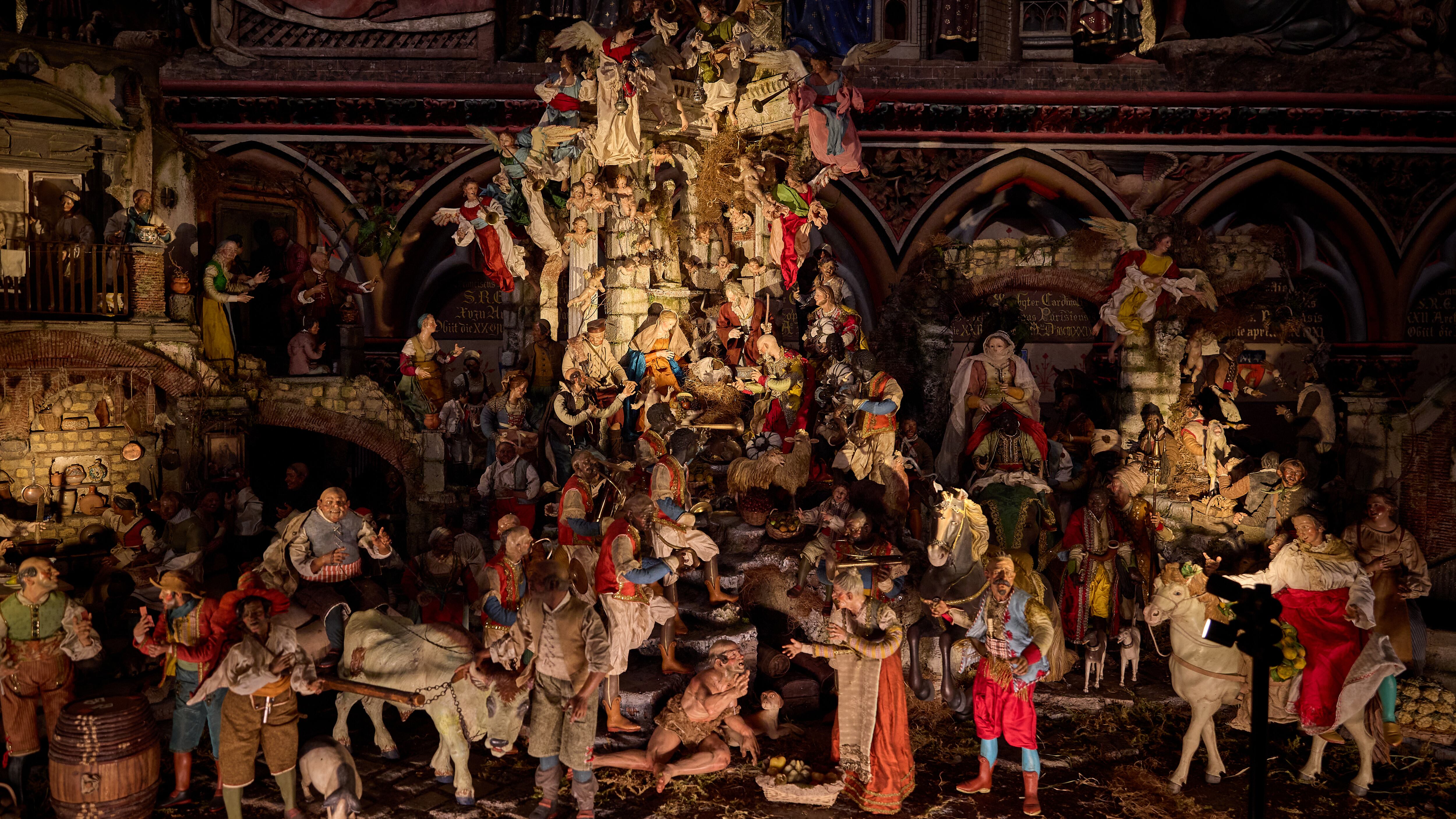 Escena del nacimiento de Jesús en la Catedral de Notre Dame en París, Francia.