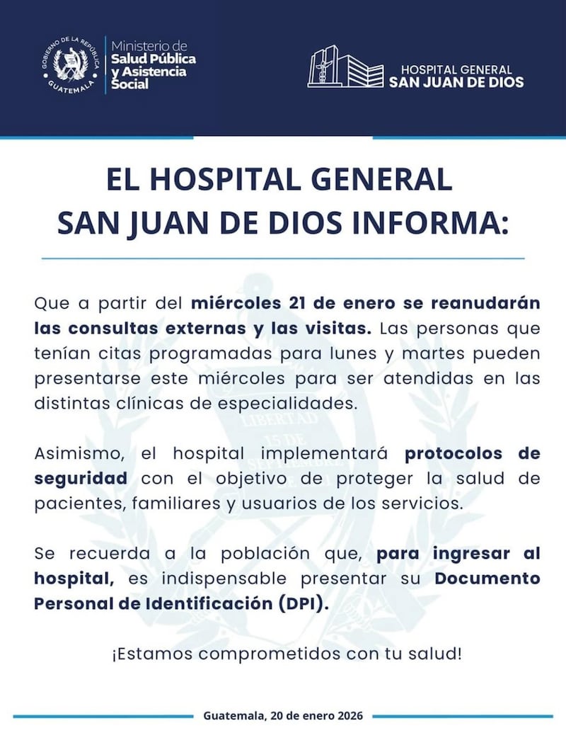 Comunicado del Hospital San Juan de Dios. Foto: RRSS