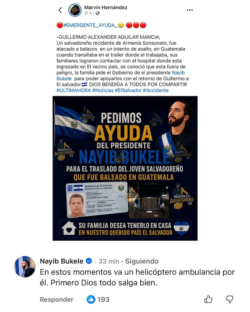 Tras ataque, Bukele manda helicóptero para trasladar a la víctima