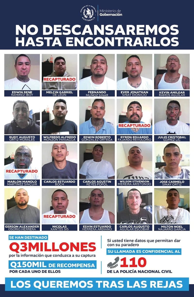 Los 20 pandilleros del Barrio 18 fugados de la prisión Fraijanes II.