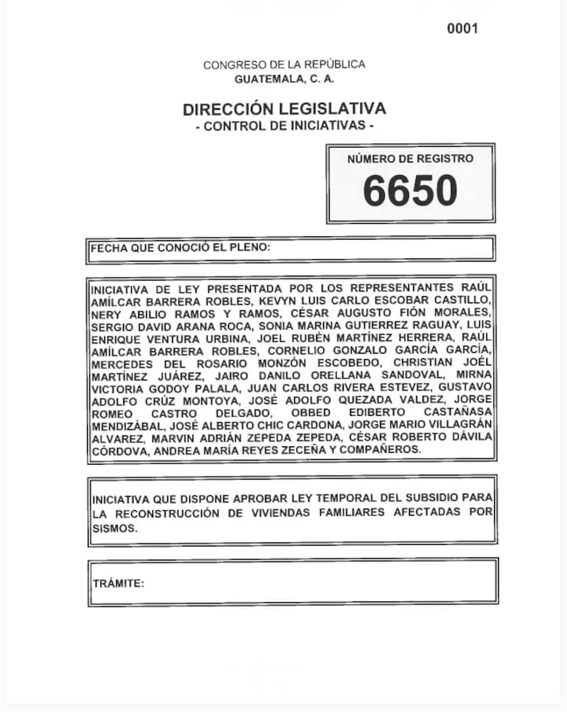 iniciativa 6650 definida como Ley temporal del subsidio para la reconstrucción de viviendas familiares afectadas por los sismos.