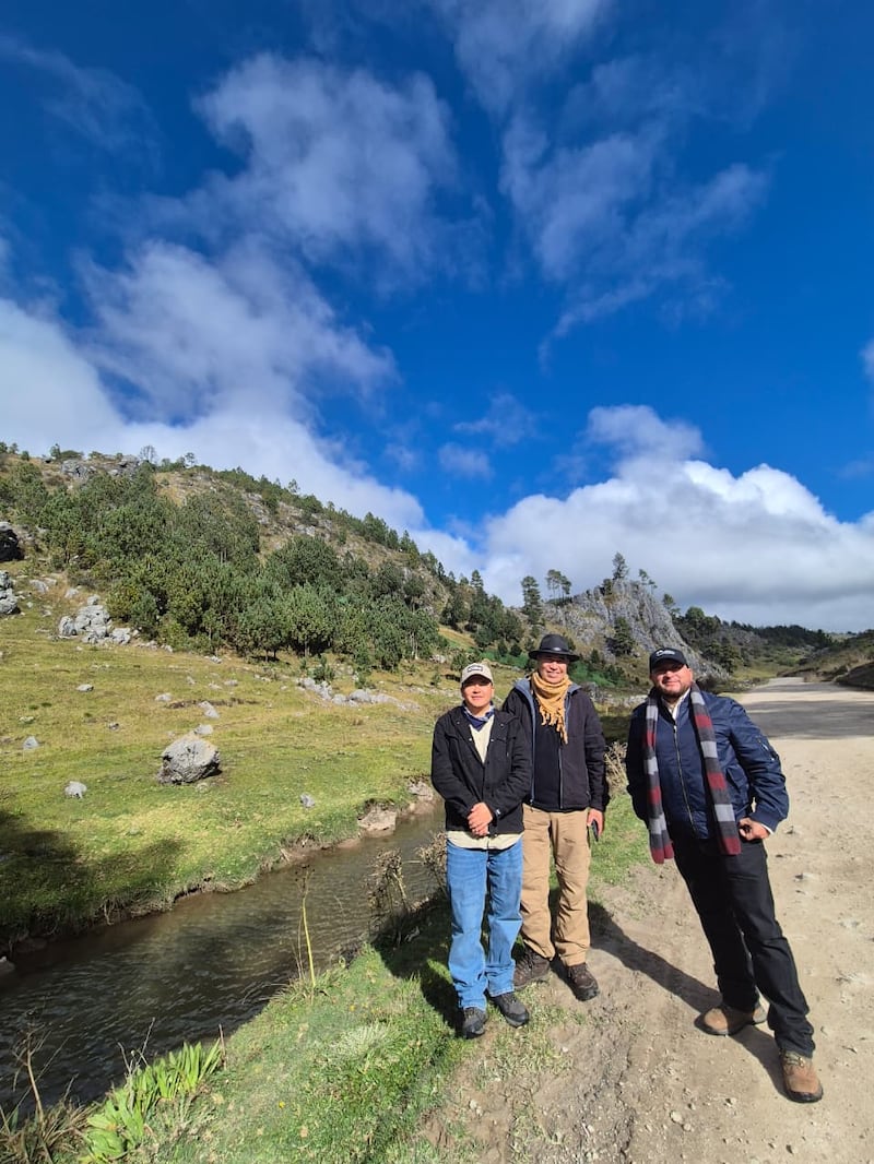 Ingenieros Forestales de la Fundación Calmecac durante el recorrido hacia las plantaciones de pinabete en Huehuetenango. Foto: Roxana Tocay