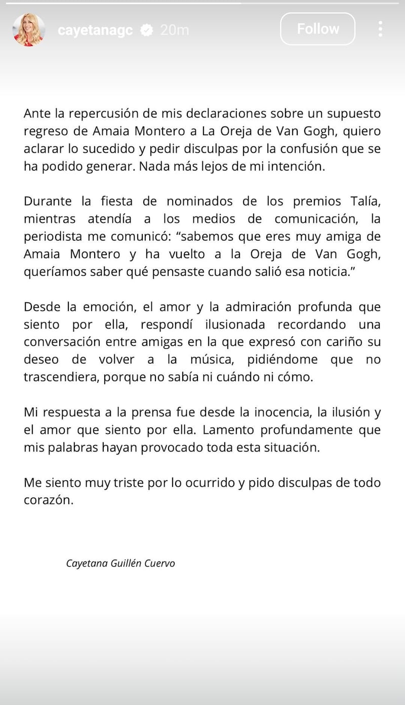 Cayetana Guillén Cuervo se disculpa por sus declaraciones