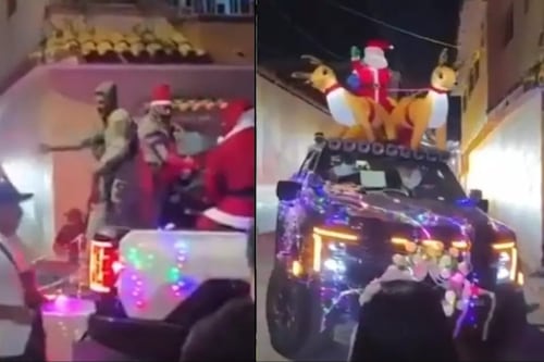 VIDEO. Inédito momento en que un convoy navideño de una organización criminal reparte dulces a una comunidad de México