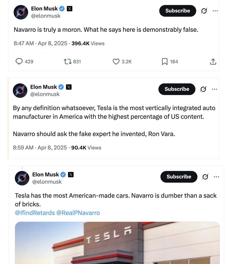 Elon Musk insulta al asesor comercial de Donald Trump “es un auténtico imbécil”