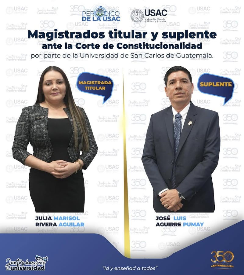 La Usac ha definido a Julia Marisol Rivera Aguilera como magistrada titular y a José Luis Aguirre Pumay como suplente ante la Corte de Constitucionalidad (CC) para el período 2026-2031.