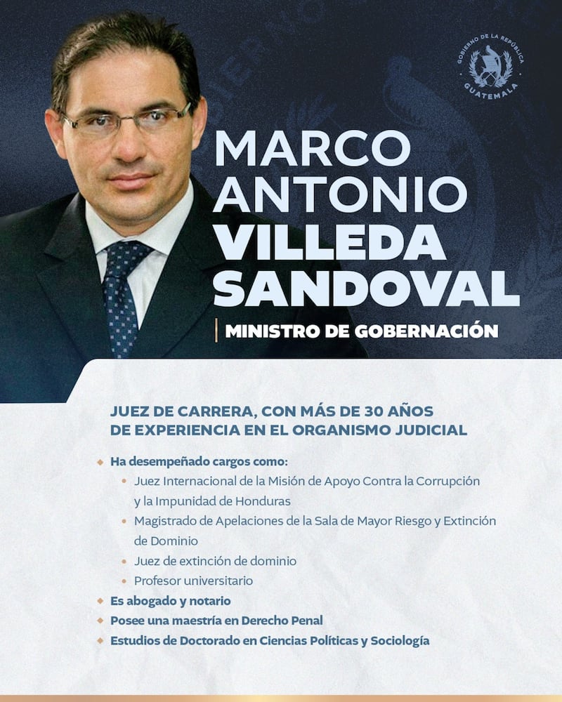 El presidente Bernardo Arévalo designó a Marco Antonio Villeda Sandoval como nuevo ministro de Gobernación. Foto: RRSS