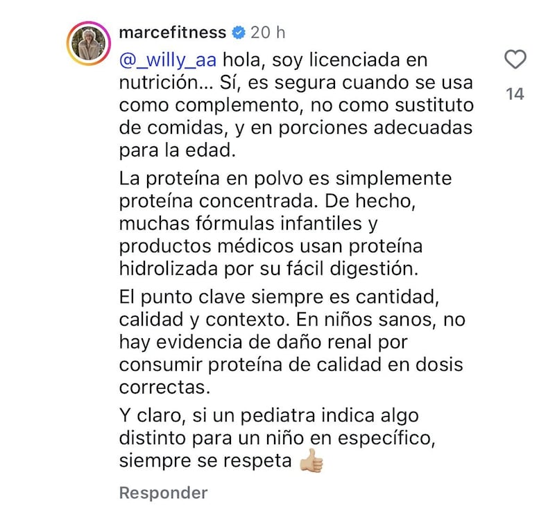 Marce Fitness afirmó que, darle proteína a los niños es seguro. Foto: RRSS