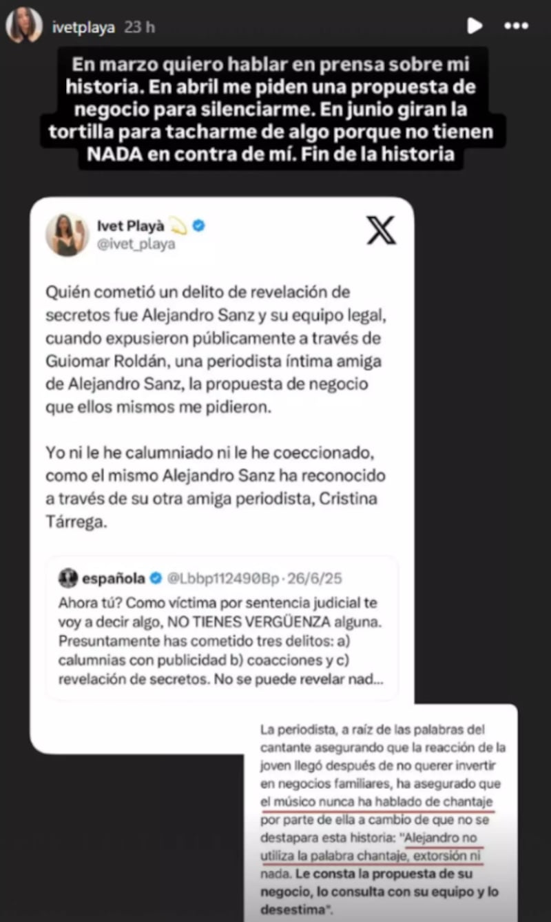 Denuncia que no la dejaron contar toda su historia con Alejandro Sanz. (Foto: Instagram @ivetplaya)
